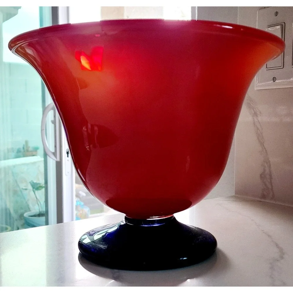 Red Orange Fire Blown Glass Bowl Vase Cobalt Blue Pedestal Base